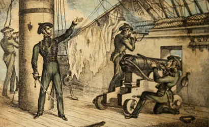 Marinskytte i aktion ombord på ett oidentifierat krigsfartyg, ca 1835 (handfärgad etsning)