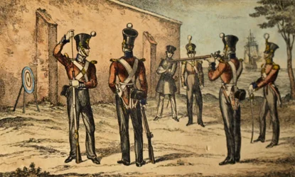 Nuvarande dräkt för marinsoldaterna vid övningen runt mål, ca 1835 (handfärgad etsning)