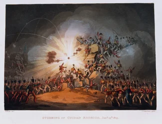 Storming av Ciudad Rodrigo, 19 januari 1813, graverad av Thomas Sutherland (1785-1838) publicerad 1815 (färgad akvatint)