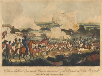 Taget vid tidens ögonblick då Cuirassiers omgavs av 79 Regiment och Scotch Greys vid slaget vid Waterloo, 18 juni 1815, graverad av Romney och publicerad av Richard Evans, 1816 (co.