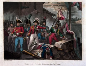 Intagande av Ciudad Rodrigo den 19 januari 1812, publicerad 1818 (akvatint)