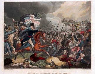 Hertigen av Wellington (1769-1852) med trupper som avancerar i slaget vid Waterloo, illustration från en berättande dikt av Dr. Syntax, 1818 (färgad akvatint)