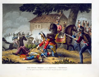 Hästvakterna vid slaget vid Waterloo, graverade av Matthew Dubourg (fl.1813-20) från "Historiska, militära och sjöanekdoter", pub. av Edward Orme (1774-c.1820) 1817 (akvatint)