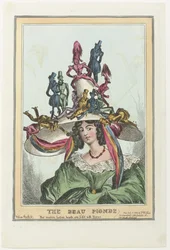 Kvinna med en stor hatt som mansfigurer sitter på The Beau Monde (titel på objekt)