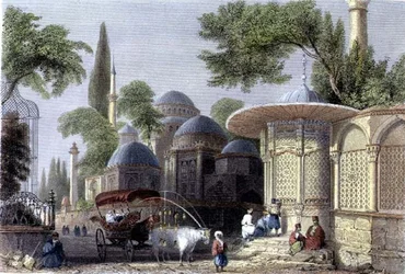 Fontän och moské i Chahzade, graverad av Roberts Sands (1792-1855) omkring 1850 (akvatint)