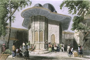 Fontän i Galata, Istanbul, graverad av H. Griffiths, ca 1850 (akvatint)