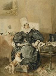 Porträtt av en dam vid ett bord med en hund (akvarell på papper)