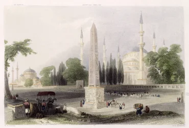 En egyptisk obelisk i Atmeidan, eller Hippodromen, Istanbul, graverad av G.K. Richardson, ca 1850 (akvatint)