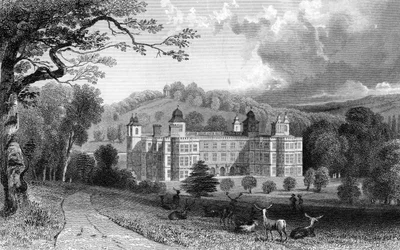 Audley End, Essex, graverad av Henry Adlard, 1832