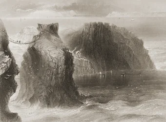 Carrick-a-Rede Rope Bridge, County Antrim, Nordirland, från "Scenery and Antiquities of Ireland" av George Virtue, 1860-talet