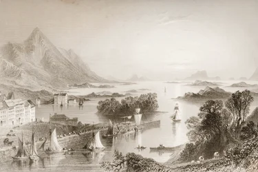 Clew Bay sett från Westport, County Mayo, från "Scenery and Antiquities of Ireland" av George Virtue, 1860-talet