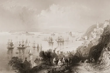 Cobh Harbour, Cork, Irland, från "Scenery and Antiquities of Ireland" av George Virtue, 1860-talet