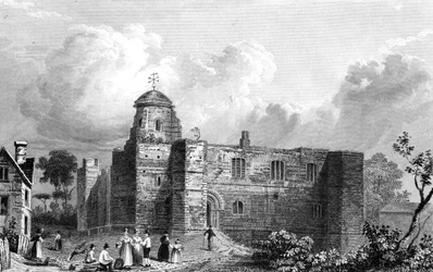 Colchester Castle, Essex, graverad av John Carr Armytage, 1832