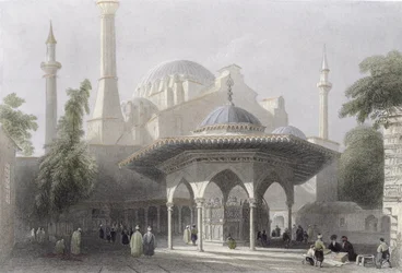 Sophias domstol och fontän i Istanbul, graverad av J. Redaway, ca 1850 (akvatint)