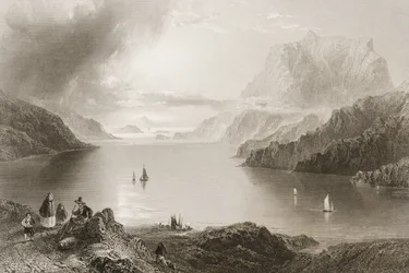Eagle Mountain, Killeries, Connemara, County Galway, från "Scenery and Antiquities of Ireland" av George Virtue, 1860-talet