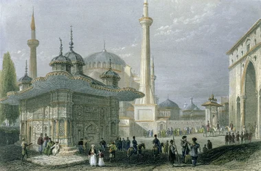 Fontän och torg i St. Sophia, Istanbul, graverad av T. Higham, ca 1850 (akvatint)