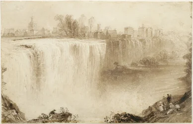 Genesee Falls, Rochester, New York: Study for an Engraving, 1836 (brunt bläck med skrapning på papper)