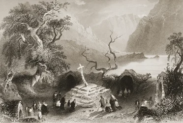 Gougane Barra, County Cork, Irland, från "Scenery and Antiquities of Ireland" av George Virtue, 1860-talet