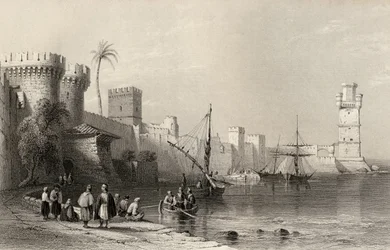 Rhodos hamn, Grekland, graverad av J.C. Armytage (1820-97)