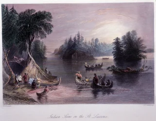 Indiskt läger på stranden av Saint Laurent - i "" kanadensiskt landskap illustrerad" av Bartlett W. H.