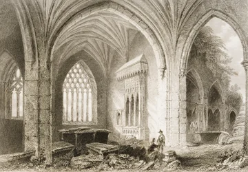 Interiör av Holycross Abbey, County Tipperary, Irland, från "Scenery and Antiquities of Ireland" av George Virtue, 1860-talet