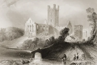 Jerpoint Abbey, County Kilkenny, Irland, från "Scenery and Antiquities of Ireland" av George Virtue, 1860-talet