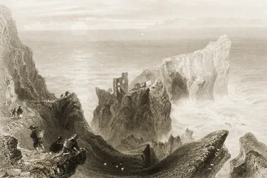 Kenbaan Castle, nära Ballycastle, County Antrim, Nordirland, från "Scenery and Antiquities of Ireland" av George Virtue, 1860-talet