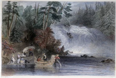 Män som bär kanoter vid passagen av en ström av nybyggare - i "" kanadensiskt landskap illustrerad" av W.H. Bartlett, London