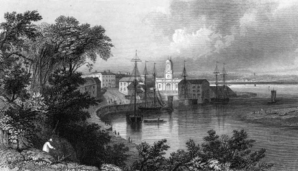 Mistley Quay, nära Harwich, Essex, graverad av John Rogers, 1832