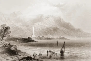 Monument till General Ross i Rosstrevor, County Down, Nordirland, från "Scenery and Antiquities of Ireland", av George Virtue, 1860-tal (gravyr)