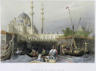 Moskén Sultana Valide från hamnen, graverad av William Wallis, ca 1850 (akvatint)