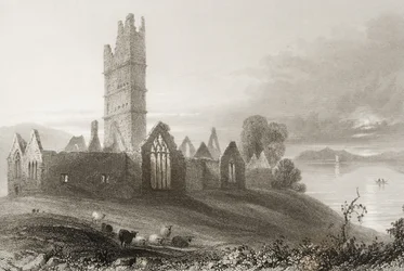 Moyne Abbey, County Mayo, Irland, från "Scenery and Antiquities of Ireland" av George Virtue, 1860-talet