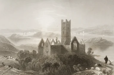 Roserk Abbey, County Mayo, Irland, från "Scenery and Antiquities of Ireland" av George Virtue, 1860-talet