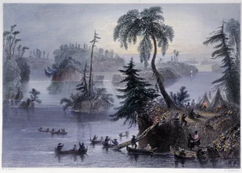 Scen bland de tusen öarna: Camp and Boats, Mille îles - i "" Kanadensiskt landskap illustrerad" av Bartlett W. H.