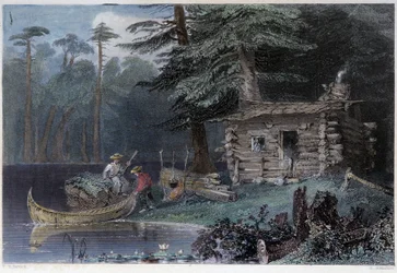 Små nybyggares hus vid sjön Chaudière - i "" kanadensiskt landskap illustrerad av W.H. Bartlett, London