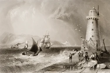 South Wall Lighthouse med Howth Hill in the Distance, Dublin, från "Scenery and Antiquities of Ireland" av George Virtue, 1860-talet