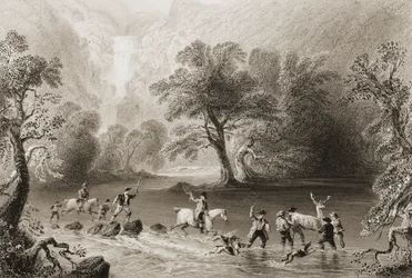Att ta en svensexa nära Derrycunnihy Cascade, County Kerry, Irland, från "Scenery and Antiquities of Ireland" av George Virtue, 1860-talet (gravyr)