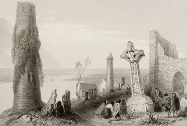 The Ancient Cross and Round Tower i Clonmacnois, County Offaly, Irland, från "Scenery and Antiquities of Ireland" (se 131074)