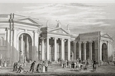 Bank of Ireland, Dublin, byggd 1729, från "Scenery and Antiquities of Ireland" av George Virtue, 1860-talet