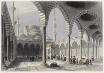Domstolen i Sultan Achmets moské, Istanbul, graverad av S. Fisher, ca 1850 (akvatint)
