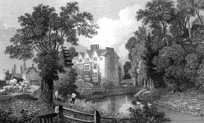 The Moat of Ongar Castle and Castle House, Essex, graverad av Henry Wallis, 1832