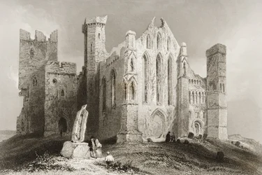 The Rock of Cashel, County Tipperary, Irland, från "Scenery and Antiquities of Ireland" av George Virtue, 1860-tal (gravyr)