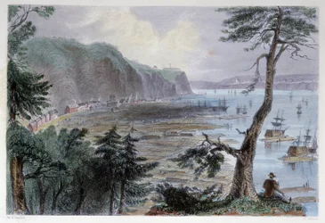 Timber Deposition nära Quebec - i "" kanadensiskt landskap illustrerad" av Bartlett W. H.