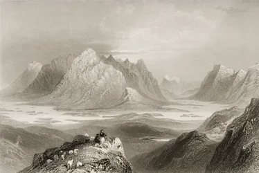 Utsikt från Cloonacartin Hill, Connemara, County Galway, från "Scenery and Antiquities of Ireland" av George Virtue, 1860-talet