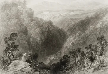 Vy över Powerscourt från Dargle, County Wicklow, från "Scenery and Antiquities of Ireland" av George Virtue, 1860-talet