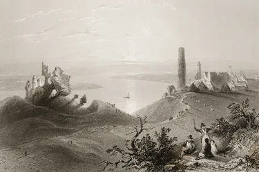 Utsikt över "Seven Churches of Clonmacnois", County Offaly, Irland, från "Scenery and Antiquities in Ireland" av George Virtue, 1860-talet