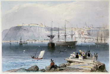 Vue de Québec et de son port (Kanada) - i "" Canadian Scenery illustrerad"" av William Henry Bartlett, red. George Virtue