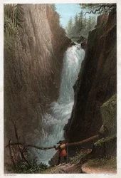 Vattenfall i Aar, i Aar Gotthard-massivet, schweiziska alperna. cirka 1850 (gravyr)