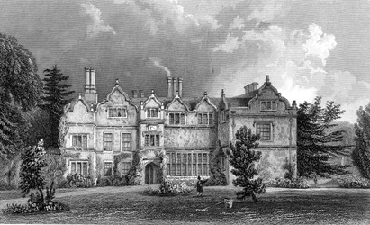 West Front of Spains Hall, Essex, graverad av John Rogers, 1832