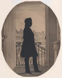 Silhuett av en ung man före ett öppet fönster, vänd åt höger, före 1860.